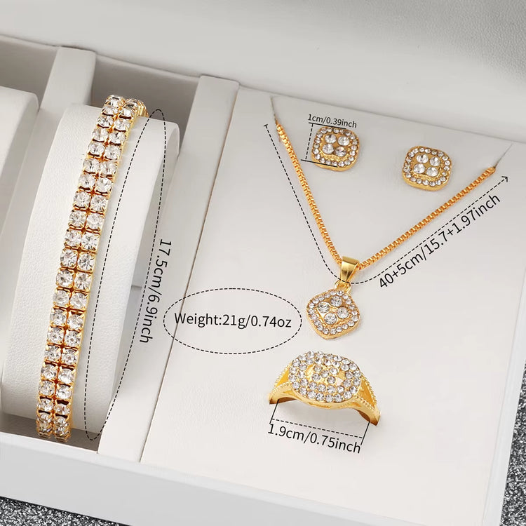 6PCS Fashion Full Diamond Women’s Watch Set showcasing jewelry pieces including a bracelet, necklace, earrings, and ring.