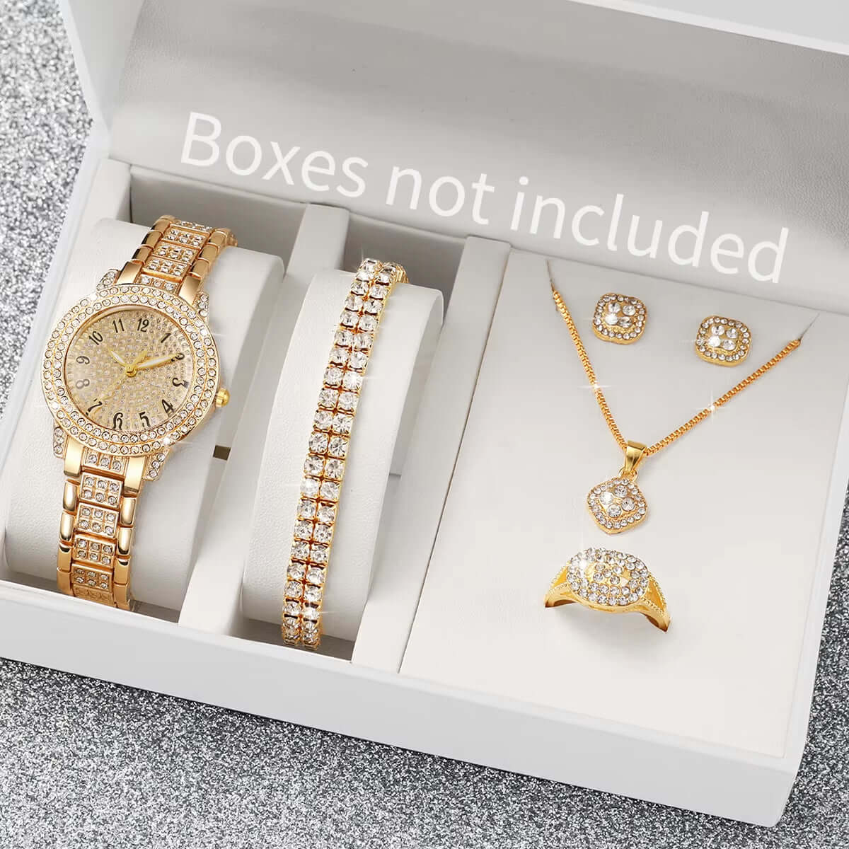 6PCS Fashion Full Diamond Women’s Watch Set featuring a gold steel band watch and coordinated jewelry pieces.