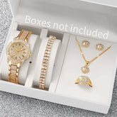 6PCS Fashion Full Diamond Women’s Watch Set featuring a gold steel band watch and coordinated jewelry pieces.