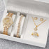 6PCS Fashion Full Diamond Women’s Watch Set featuring a gold steel band watch and coordinated jewelry pieces.
