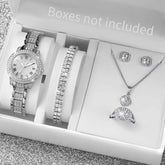 6PCS Fashion Full Diamond Women’s Watch Set featuring stylish watch and jewelry in elegant presentation.