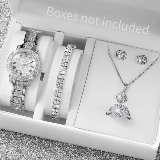 6PCS Fashion Full Diamond Women’s Watch Set featuring stylish watch and jewelry in elegant presentation.