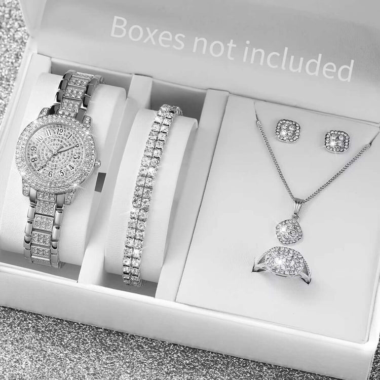 6PCS Fashion Full Diamond Women’s Watch Set featuring a diamond watch, bracelets, earrings, and necklace in a gift box.