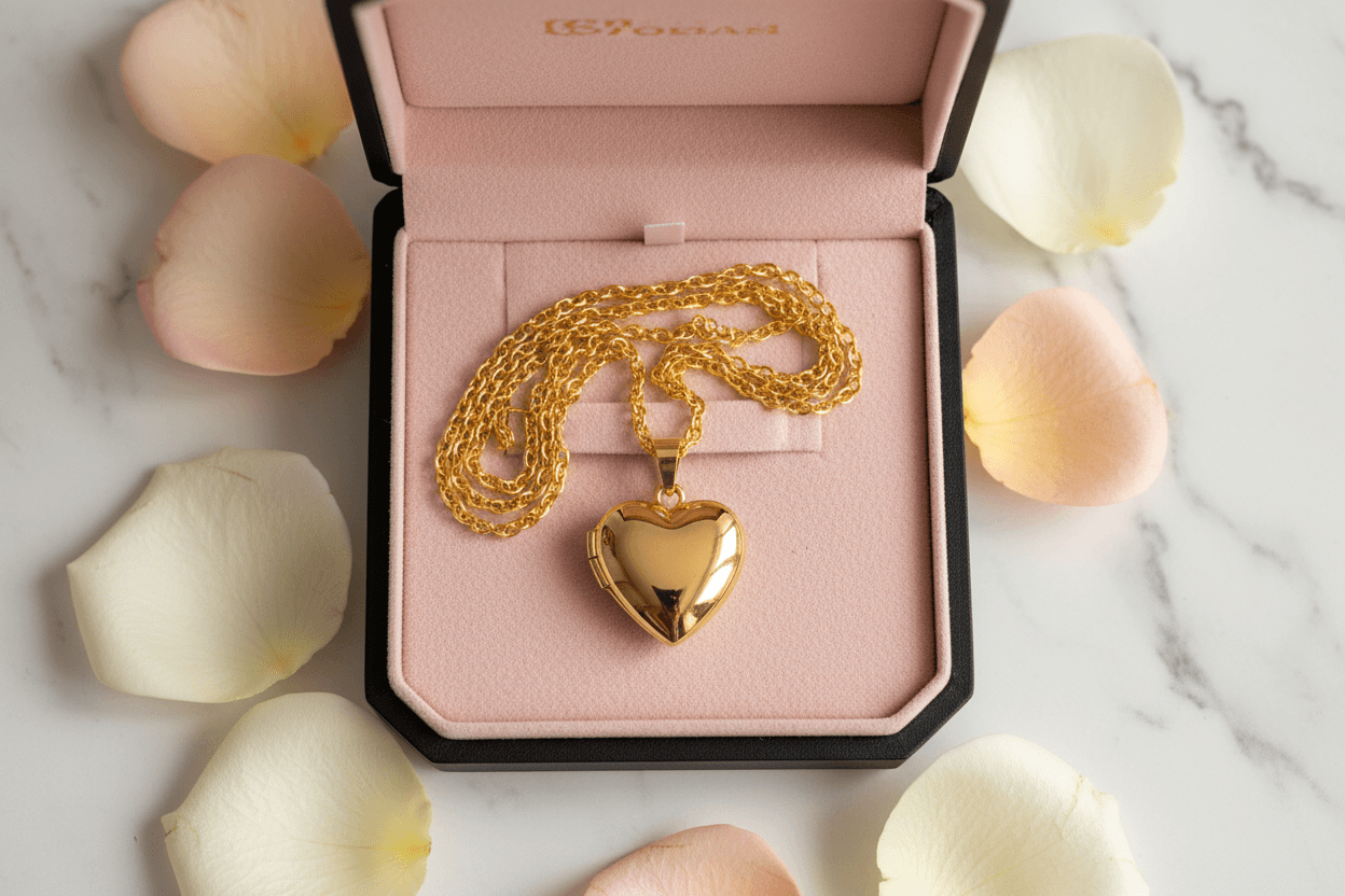 24K Gold Heart Locket Pendant Necklace displayed in a pink jewelry box with rose petals.