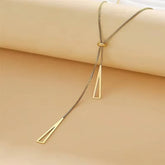 Silver Triangle Pendant Necklace worn on neckline