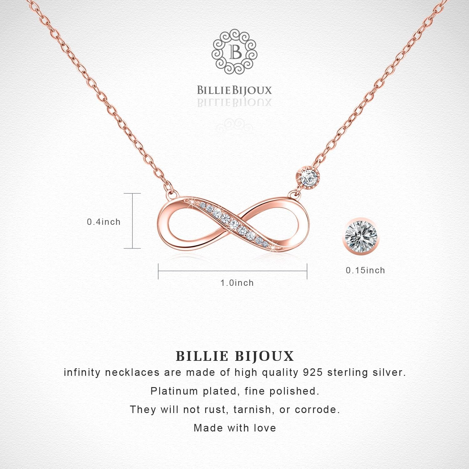 Infinity Necklace 925 Sterling Silver with crystal detail and rose gold plating, showcasing timeless elegance.
