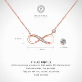 Infinity Necklace 925 Sterling Silver with crystal detail and rose gold plating, showcasing timeless elegance.