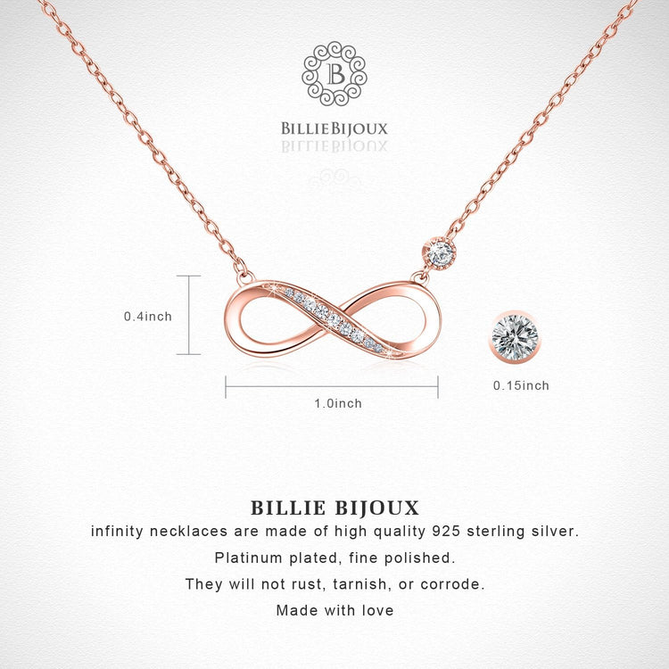 Infinity Necklace 925 Sterling Silver with crystal detail and rose gold plating, showcasing timeless elegance.