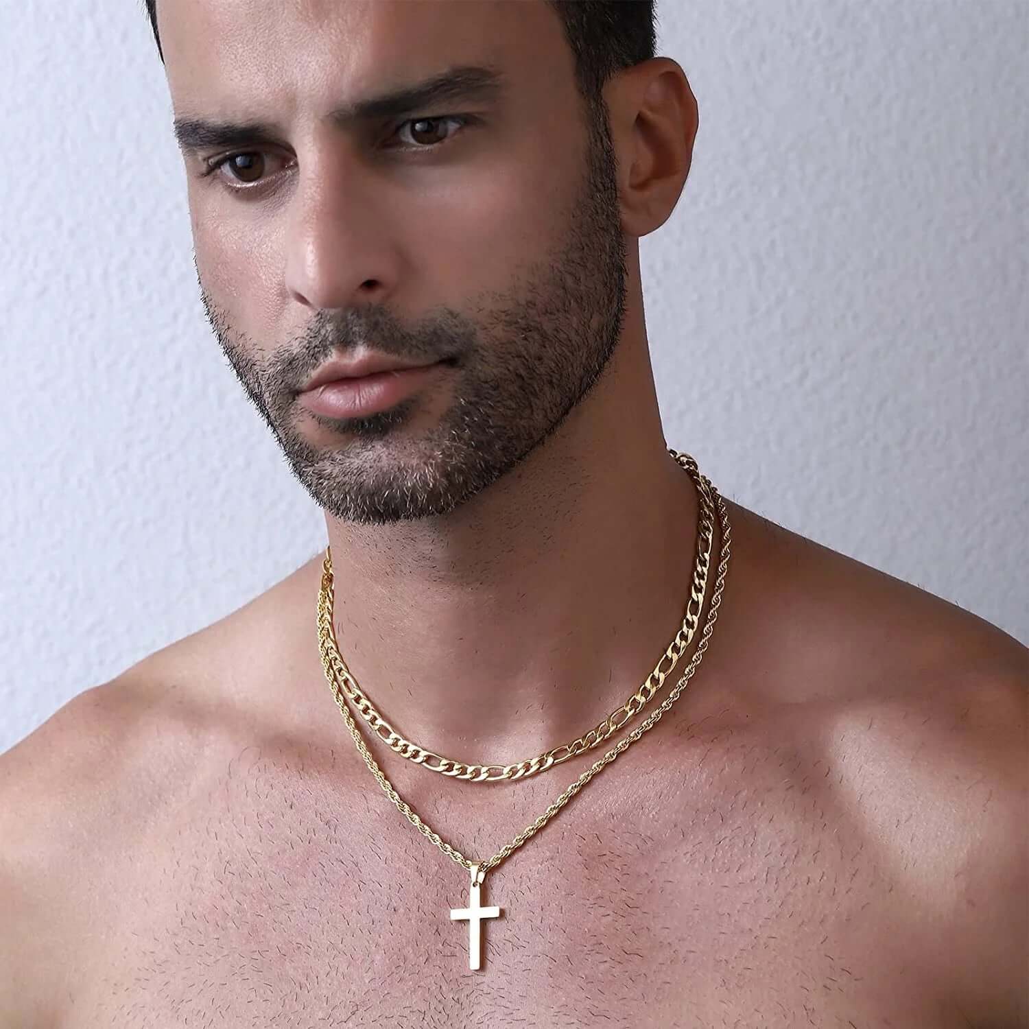 Layered Gold Cross Necklaces for Men Boys Stainless Steel Figaro Twist Rope Pendant Chain Set Religious Christian Birthday Valentines Day Jewelry Gifts Him Teen Dad Husband Adults Kids Ideas