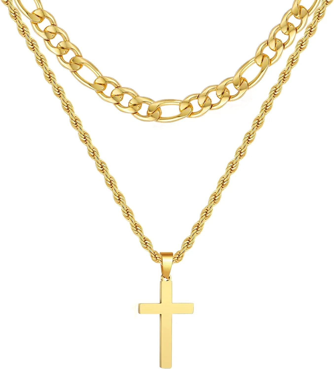 Layered Gold Cross Necklaces for Men Boys Stainless Steel Figaro Twist Rope Pendant Chain Set Religious Christian Birthday Valentines Day Jewelry Gifts Him Teen Dad Husband Adults Kids Ideas