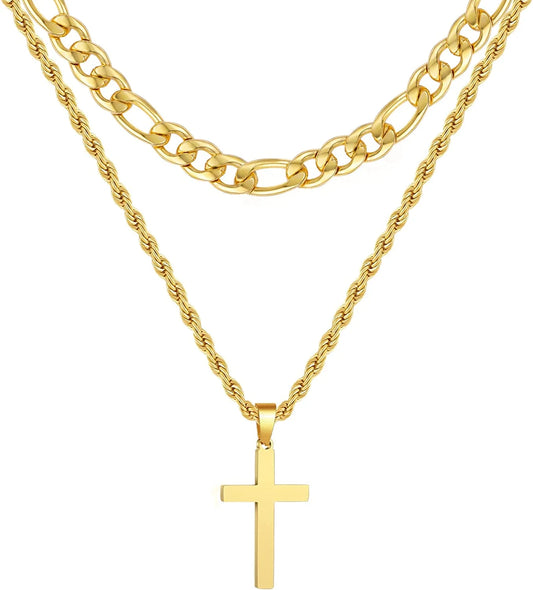 Layered Gold Cross Necklaces for Men Boys Stainless Steel Figaro Twist Rope Pendant Chain Set Religious Christian Birthday Valentines Day Jewelry Gifts Him Teen Dad Husband Adults Kids Ideas