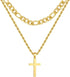 Layered Gold Cross Necklaces for Men Boys Stainless Steel Figaro Twist Rope Pendant Chain Set Religious Christian Birthday Valentines Day Jewelry Gifts Him Teen Dad Husband Adults Kids Ideas