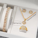 6PCS Fashion Full Diamond Women’s Watch Set showcasing jewelry pieces including a bracelet, necklace, earrings, and ring.