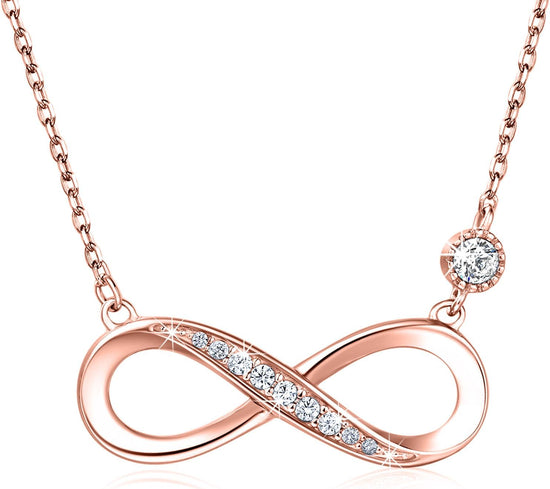 Infinity Necklace 925 Sterling Silver with sparkling stones and a rose gold finish, symbolizing eternal love.