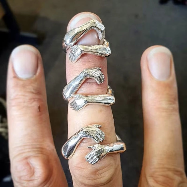 Vintage Couple Rings Set featuring unique hand-shaped designs stacked on fingers.