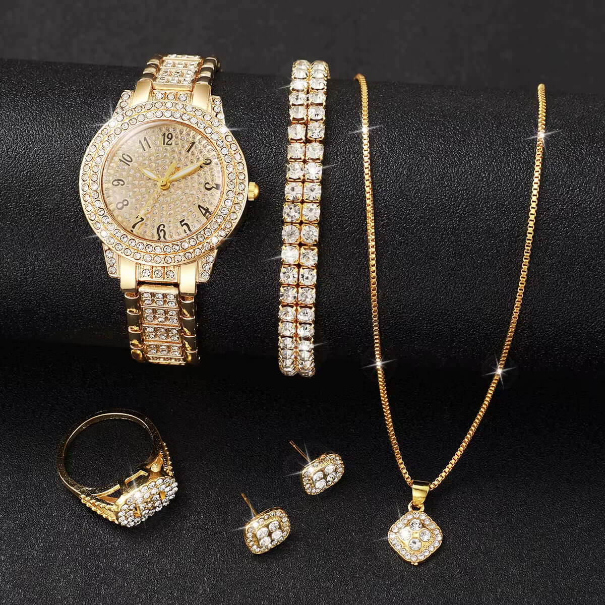 6PCS Fashion Full Diamond Women’s Watch Set Gold Steel Band with matching jewelry accessories.