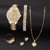 6PCS Fashion Full Diamond Women’s Watch Set Gold Steel Band with matching jewelry accessories.