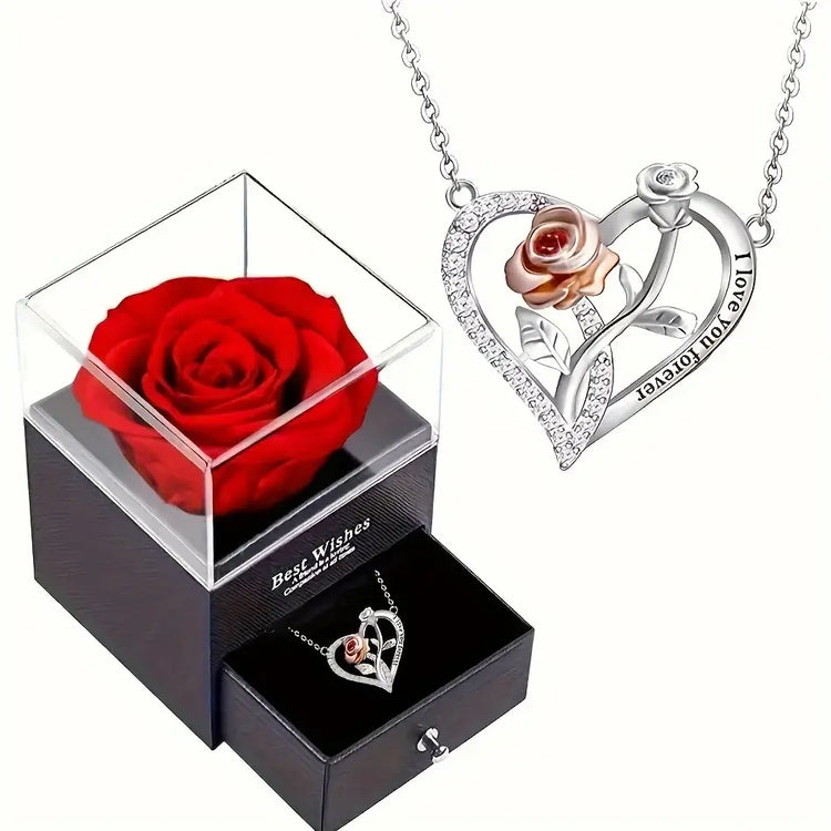 I Love You Forever Rose Gift Box Necklace inside a rose-themed gift box with a red rose, symbolizing love and elegance.