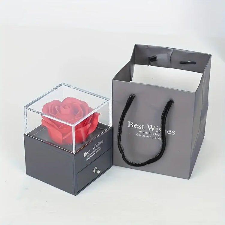 I Love You Forever Rose Gift Box Necklace in a beautiful rose-themed gift box beside a stylish Best Wishes gift bag.