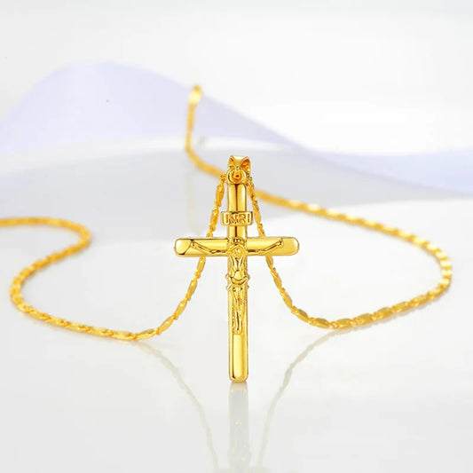 24K Gold Color Necklace Cross Pendant Necklace For Women/Men Couple Necklace Jewelry Gift
