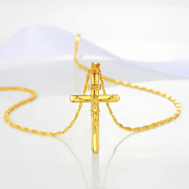 24K gold cross pendant necklace on a delicate chain, showcasing a polished gold-tone finish.