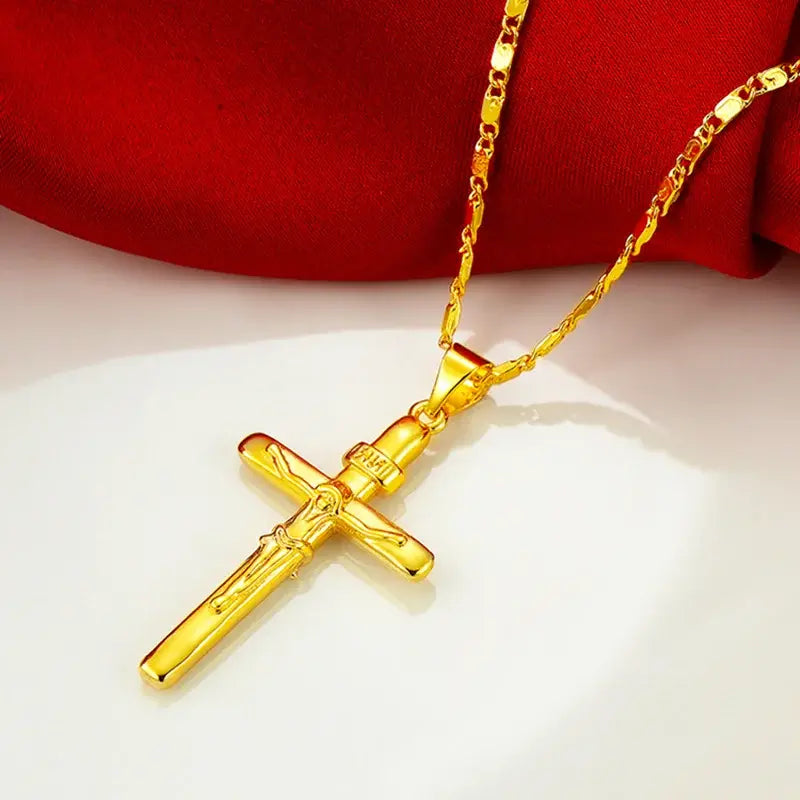 24K Gold Cross Pendant Necklace gold finish shine