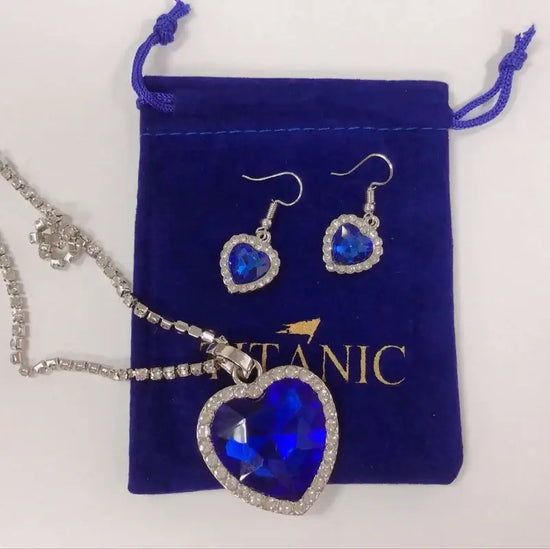 Titanic Heart of the Ocean Jewelry Set including necklace and earrings in blue crystal.