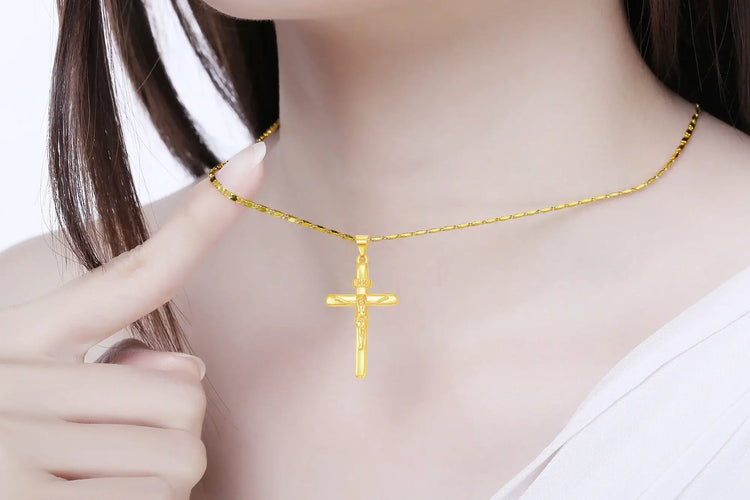 24K Gold Cross Pendant Necklace close-up detail