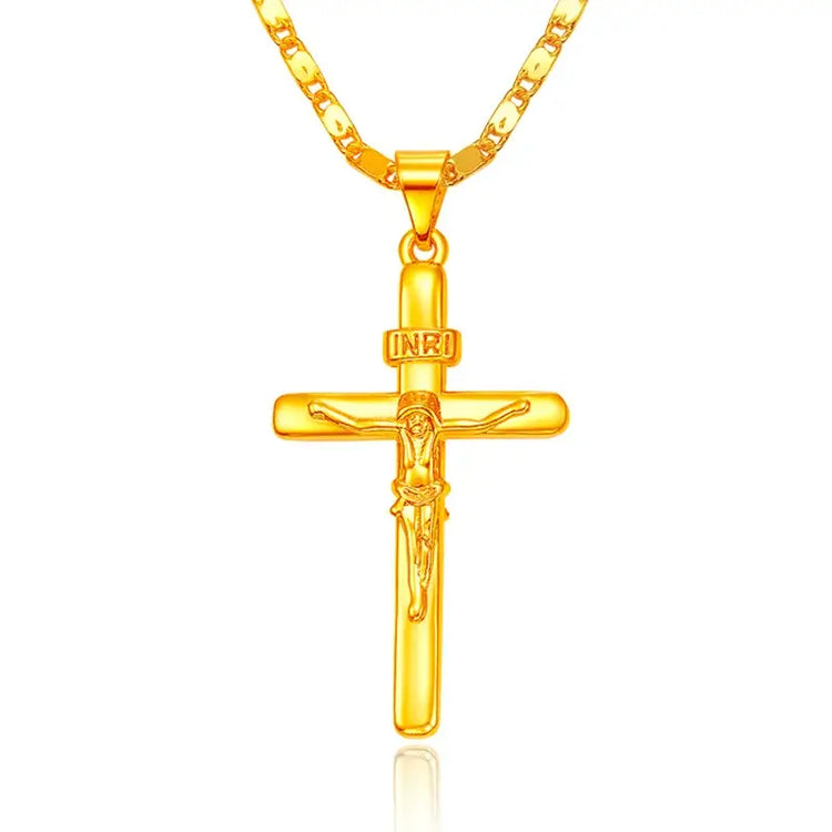 24K Gold Cross Pendant Necklace front view