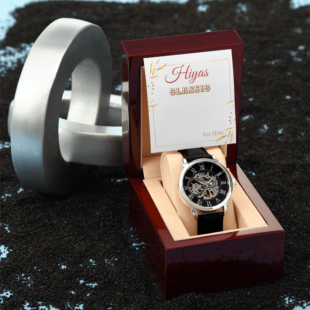 Leather Watch Sporty Elegant design displayed in a luxurious wooden box for men and women.