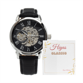 Leather Watch Sporty Elegant design with a skeleton dial and black leather strap for men and women.