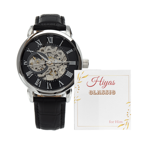 Leather Watch Sporty Elegant design with a skeleton dial and black leather strap for men and women.