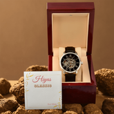 Leather Watch Sporty Elegant design displayed in a luxury box, showcasing its stylish features for men and women.