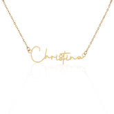 Personalized name necklace featuring a custom gold script design that spells &