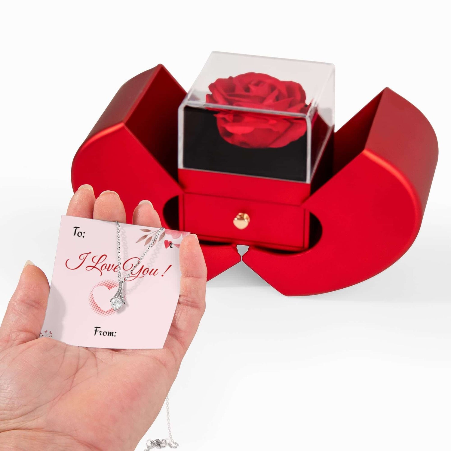 Gold Finish Pendant Necklace I Love You Message Box presented in a red gift box with a rose and heartfelt greeting card.