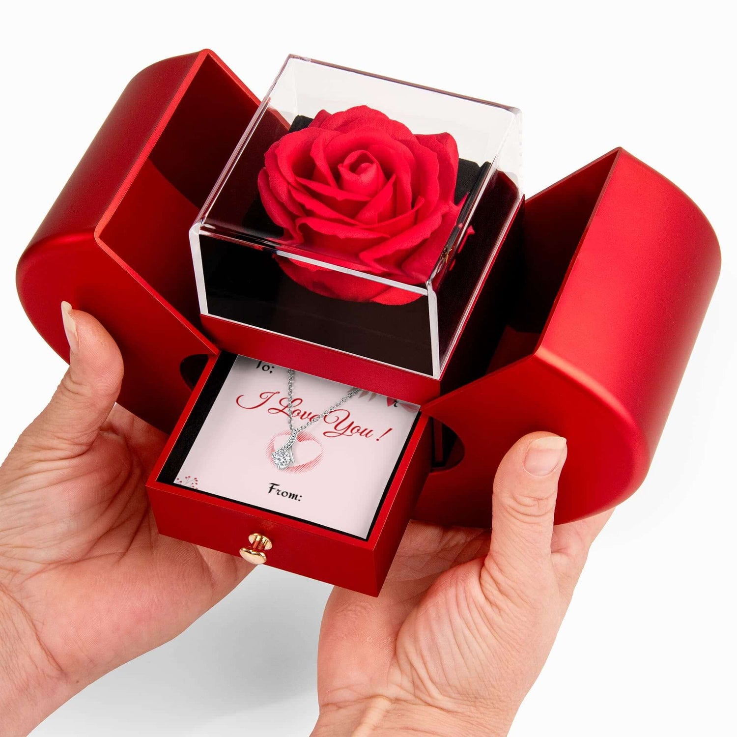 Gold Finish Pendant Necklace I Love You Message Box in red gift box with rose, perfect for expressing love.