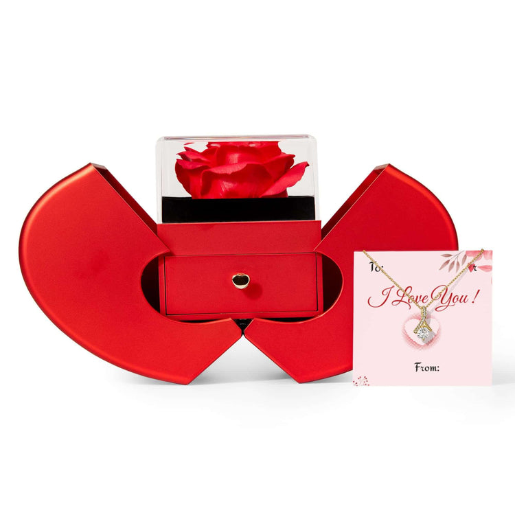 Gold Finish Pendant Necklace I Love You Message Box in red gift packaging with a rose and heartfelt note.