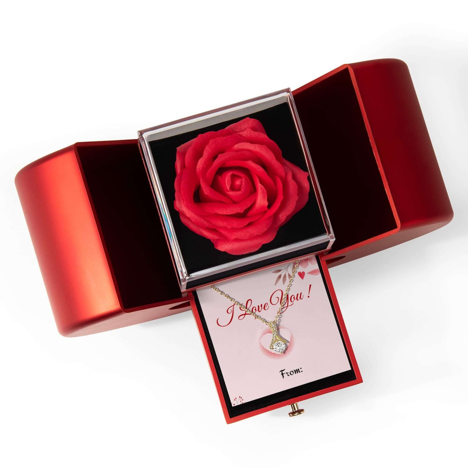 Gold Finish Pendant Necklace I Love You Message Box in a gift box with a red rose and heartfelt message.