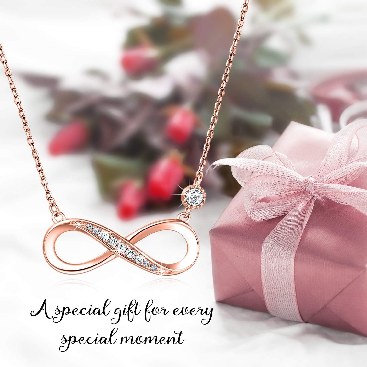 Infinity Necklace 925 Sterling Silver with rose gold infinity pendant and gift box, symbolizing love and connection.
