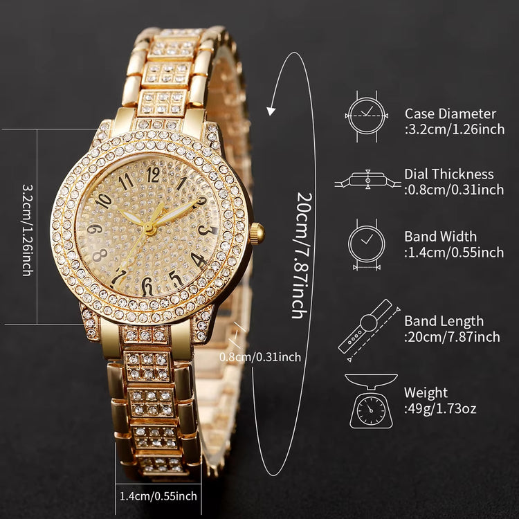 6PCS Fashion Full Diamond Women’s Watch Set with gold steel band, showcasing elegant design and detailed measurements.